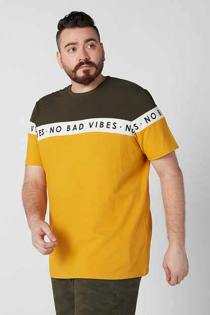 Men's colorblock T-shirt, front view; olive and mustard with crew neck logo band