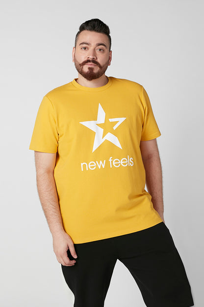 Yellow T-shirt with big white star logo and 'new feels' printed across front