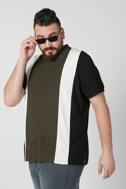 Men's colorblock polo shirt with olive front, white side panels, black short sleeves