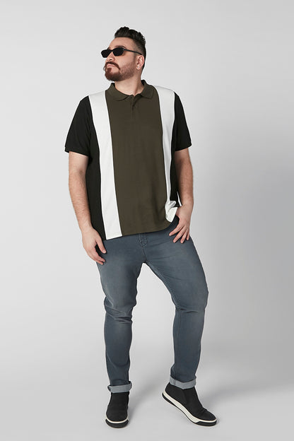 Men's colorblock polo shirt, olive center panel with white vertical stripe, black sleeves
