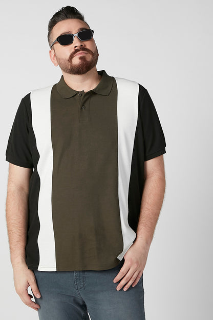 Men's polo shirt with olive button placket, white side panels, black short sleeves