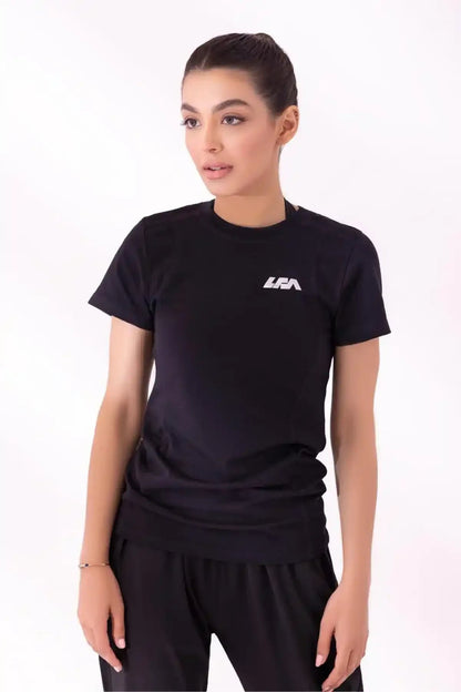 Black athletic T-shirt and jogger set with LFA chest logo, short sleeves