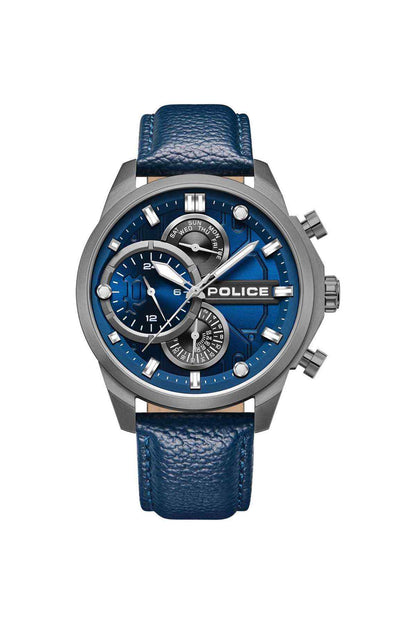 Blue dial police watch with stainless steel case and blue leather strap, multi-dial design