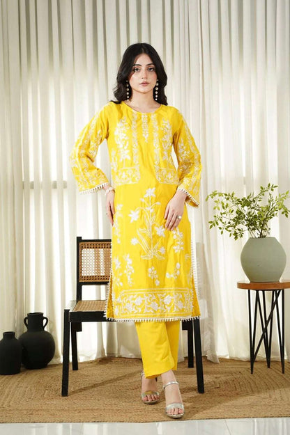 Dhaga women's yellow printed kurta with matching straight pants