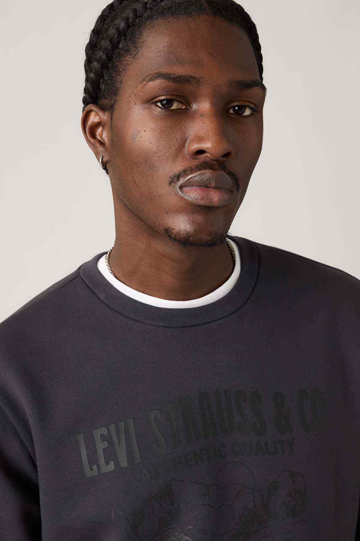 Levi's dark crewneck sweatshirt with chest graphic logo print, close-up