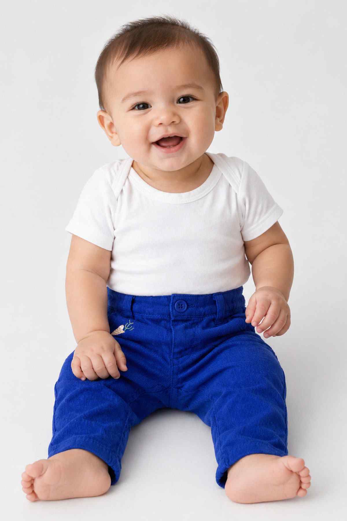 Baby blue pants with elastic waistband, front button, and side pockets