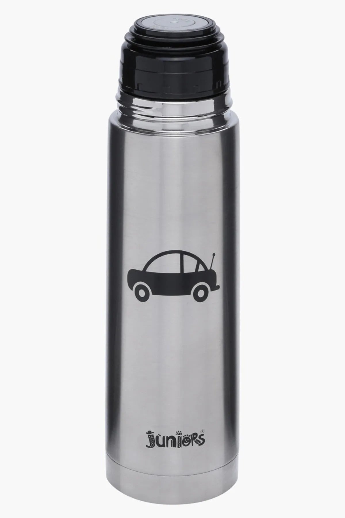 Stainless steel kids bottle with car graphic, black screw lid, front view