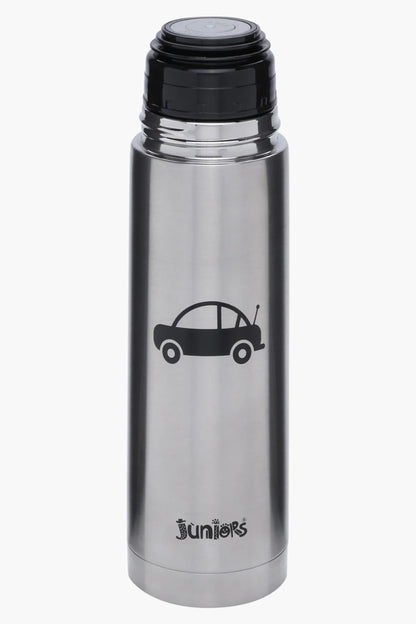 Stainless steel kids bottle with car graphic, black screw lid, front view