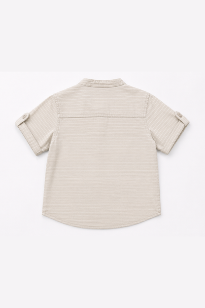 Back view of short-sleeve striped henley shirt, collar detail, light gray-beige