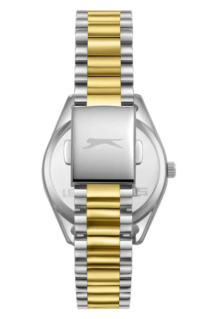 Two-tone metal watch with silver case and gold center stripe