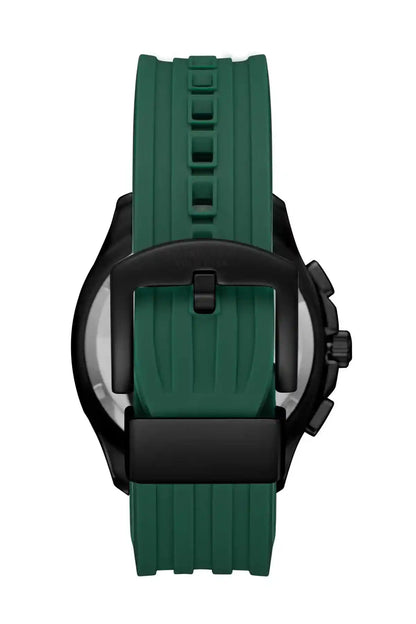 Green silicone watch strap with black buckle and round black case