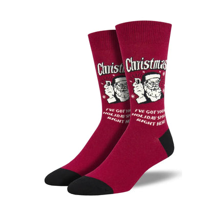 Burgundy red Christmas crew socks with Santa print and black toe/heel, ribbed cuff