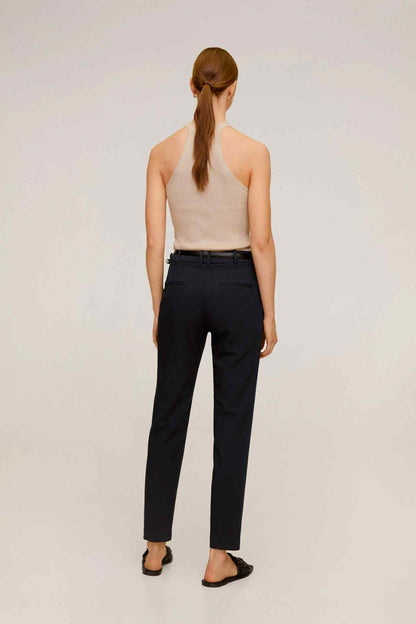 Dark navy women's tailored trousers with belt loops, back view