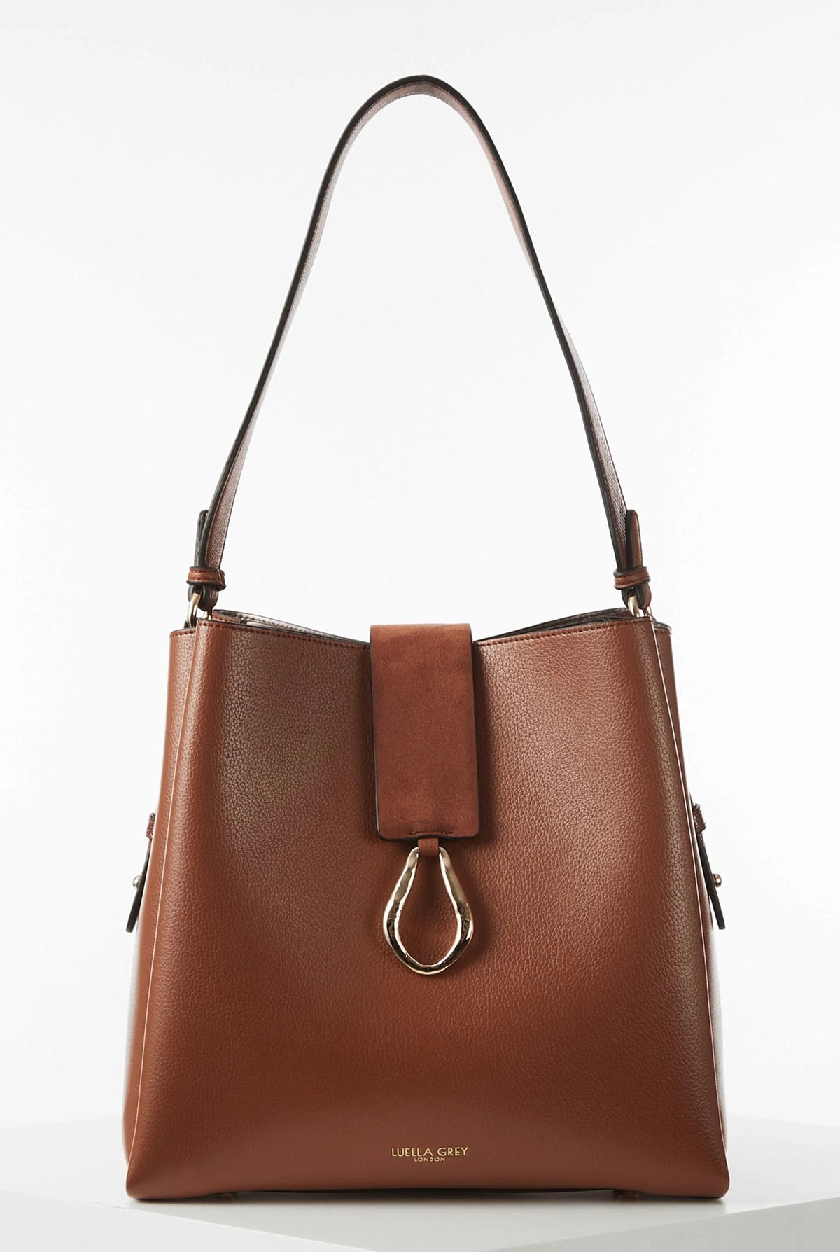 Brown leather tote bag with top handles and front clasp