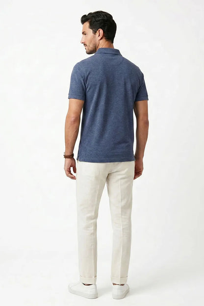 Men's navy heather short-sleeve polo shirt, back view