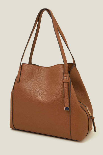 Tan leather tote shoulder bag with zip top, long handles, and side zip pocket