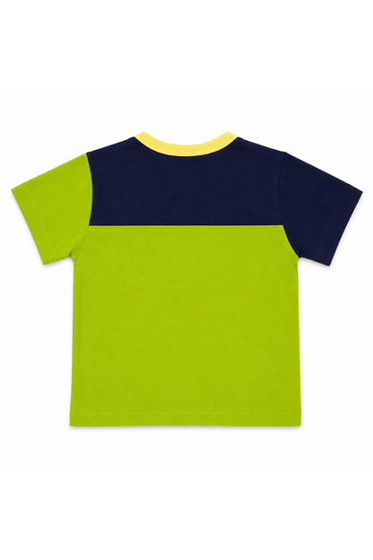 Green and navy two-tone T-shirt, short sleeves, crew neck