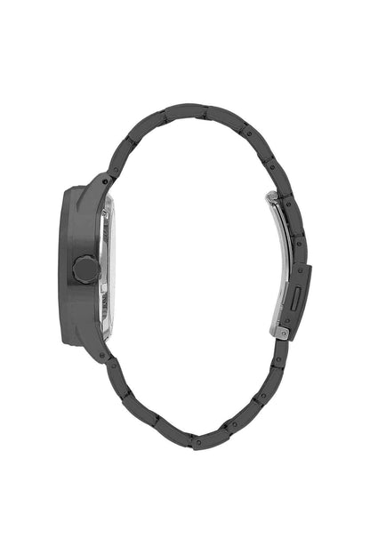 Gun-tone wristwatch viewed from side, metal link strap and crown at case