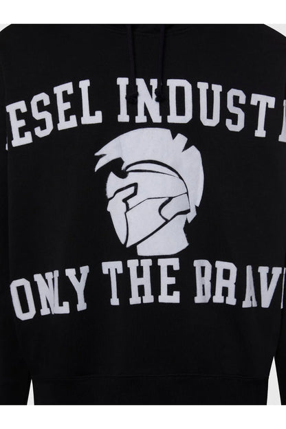 Black hoodie close-up of large face graphic and bold slogan print