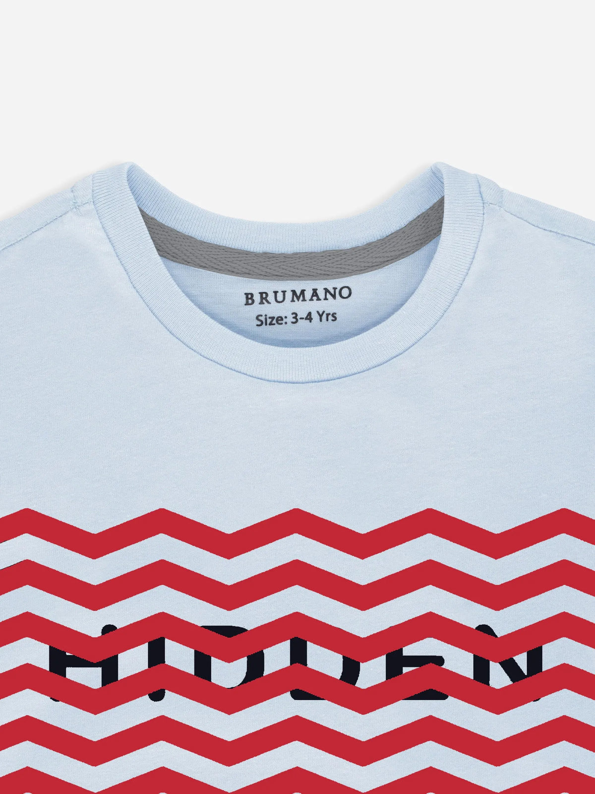 Blue cotton T-shirt close-up, crew neck with red zigzag print