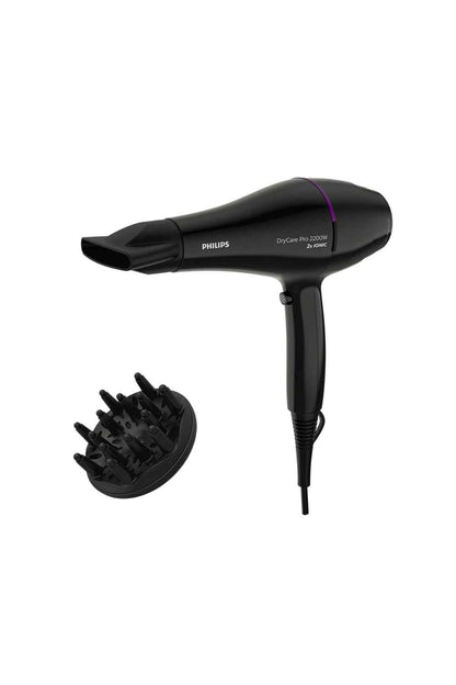 PHILIPS black hair dryer with detachable diffuser, shown from the side