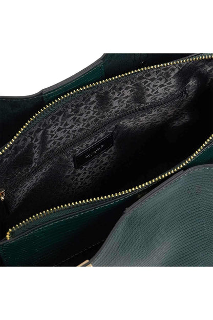 Dark green zip-top tote bag interior with black patterned lining and gold zipper