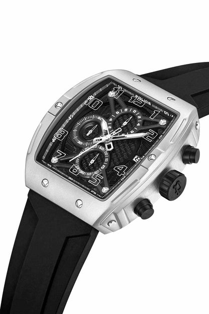 Police watch with silver case and black rubber strap, showing side buttons and crown.