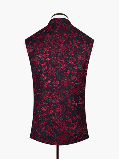 Burgundy floral-pattern sleeveless button-up vest, back view