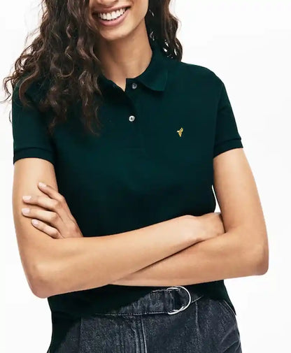 Dark green fitted polo shirt with buttoned collar, short sleeves, small yellow logo
