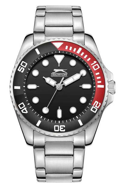 SLAZENGER silver stainless wristwatch with black dial, red bezel, metal bracelet