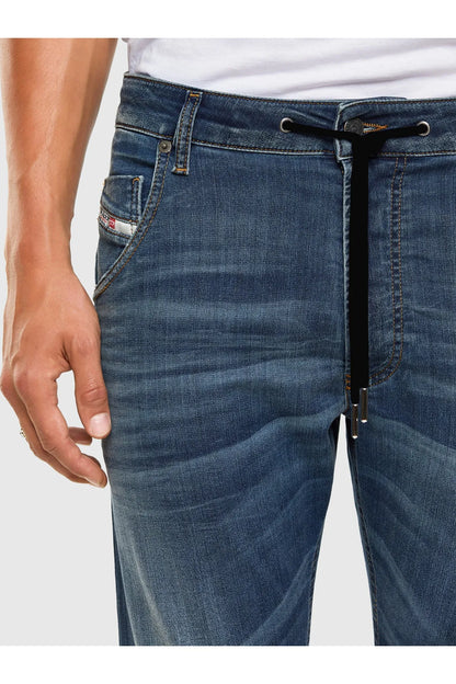 Diesel blue denim jeans close-up of front waist with drawstring and side pocket
