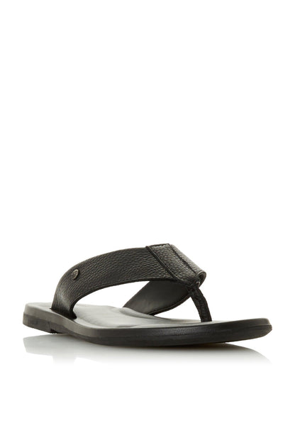 Black textured slide sandal with V-shaped thong strap and flat rubber sole