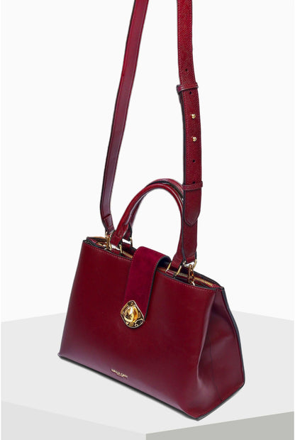 Berry leather-look tote handbag with two top handles and gold clasp