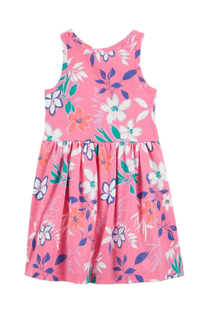 Pink floral sleeveless dress with round neckline and gathered waist