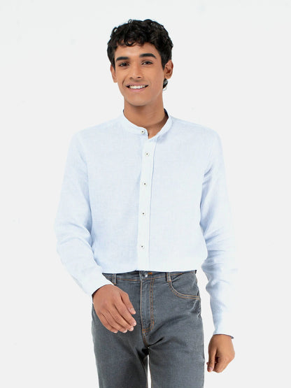 Men's light blue button-up shirt, long sleeves, button front; cotton-linen blend.