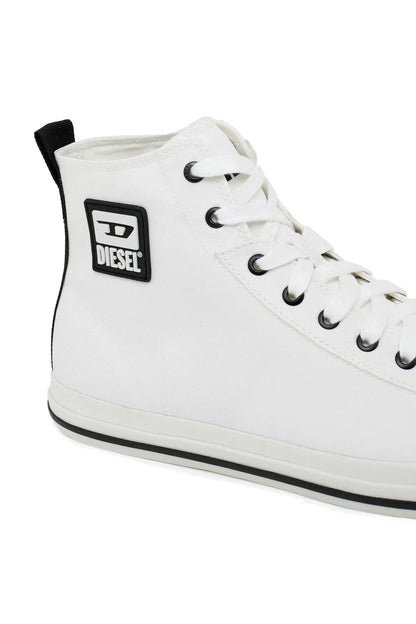White high-top sneaker close-up with black logo patch and lace-up eyelets