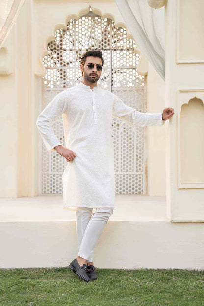 White long kurta with stand collar and subtle geometric embroidery, long sleeves