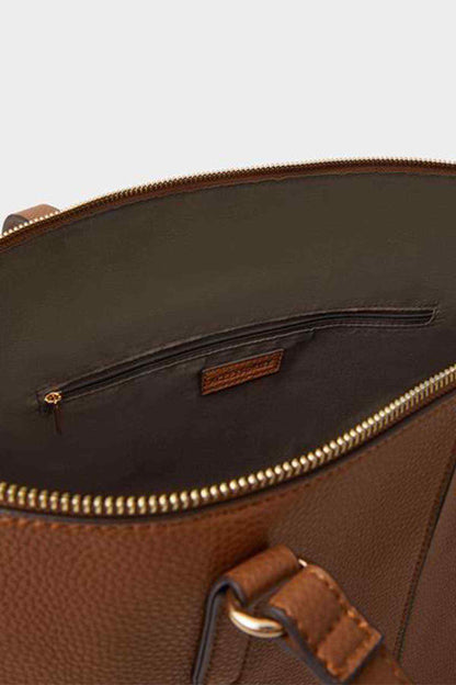 Tan tote bag interior view with zip pocket and leather trim