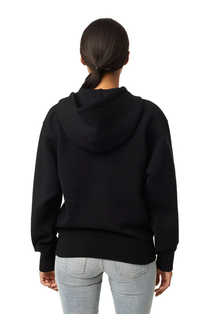 Black zip-up hoodie with drawstring hood and ribbed hem, back view