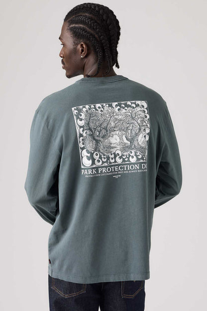 Slate gray sweatshirt with large back graphic print and long sleeves
