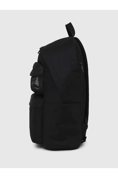 Black Diesel backpack three-quarter view with front zip and side mesh pouch