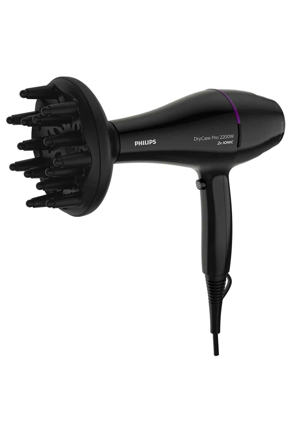PHILIPS black hair dryer with round diffuser attachment and hanging cord