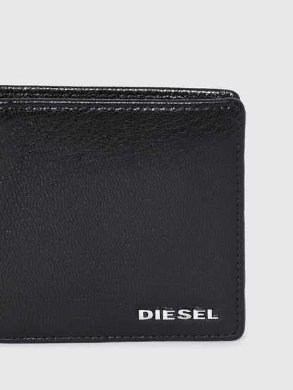 Diesel black leather wallet front with embossed DIESEL logo