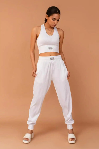 White ribbed crop tank and jogger pants set, full front view