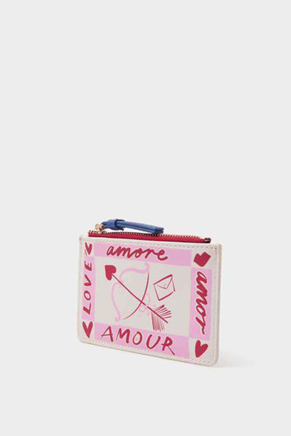 Pink love print mini clutch with zip top and blue wrist strap