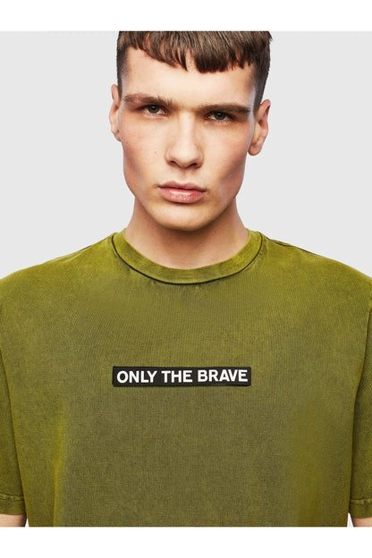 Diesel green crew-neck T-shirt with “ONLY THE BRAVE” chest graphic