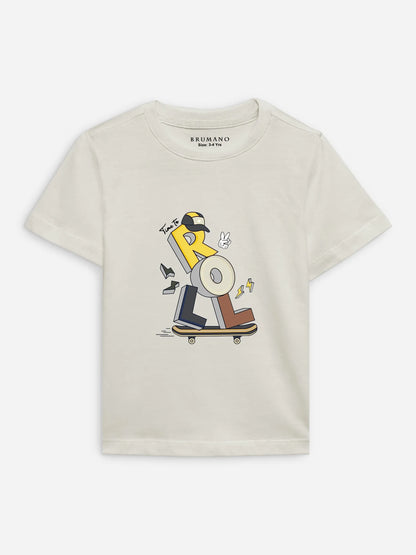 Brumano beige cotton T-shirt with robot skateboard graphic on front