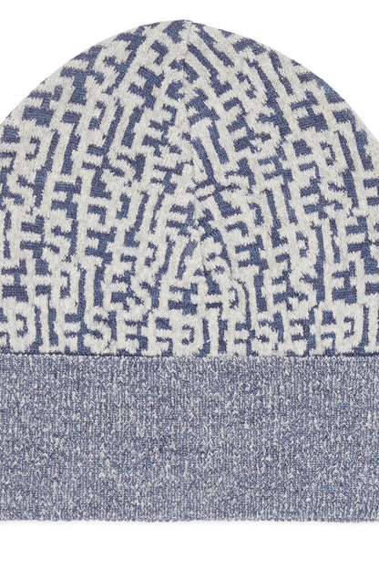 Blue monogram patterned knit beanie with textured ribbed hem close-up