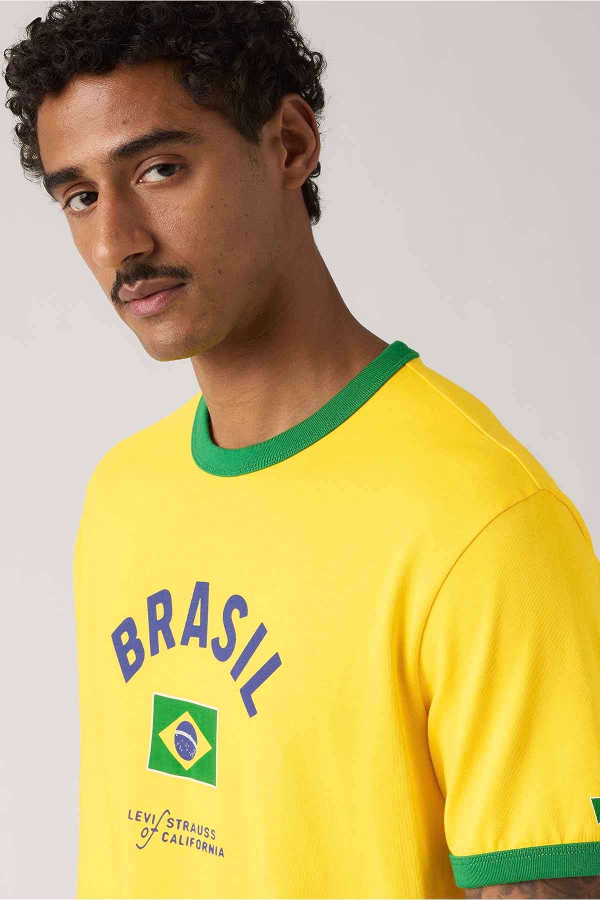 Yellow T-shirt with Brazil logo patch and green-trim collar