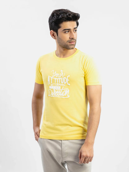 Yellow cotton crew-neck T-shirt with front graphic print.
